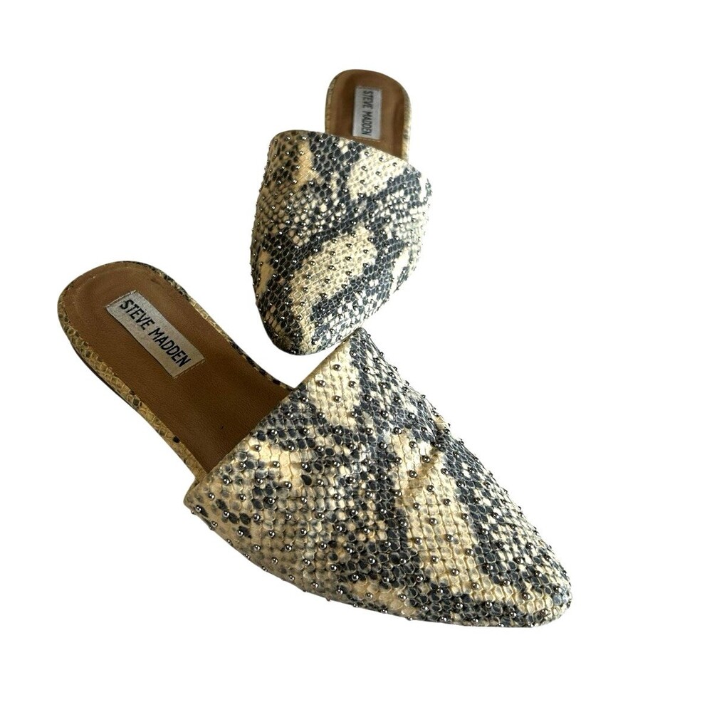 Steve Madden Womens 7M Trace- S Snakeskin Beaded Ivory Slide Pointed Toes